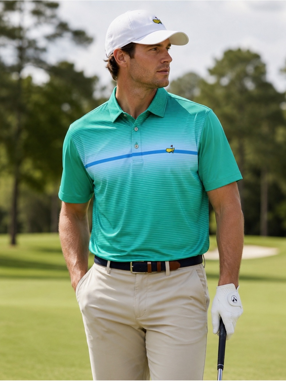 Masters Tech Performance Polo Mens XL Green Stripe Golf Shirt Augusta National
